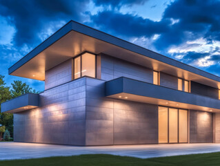 Fototapeta premium Modern architecture featuring sleek lines and creative design during twilight hours