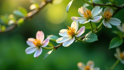 Obraz premium Delicate Spring Blossoms Basking in Golden Sunlight on a Lush Green Branch