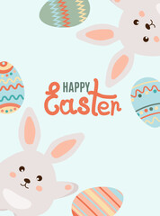 Happy easter. Easter eggs and rabbits on blue background. Can be add text. Design for banner, poster, postcard. EPS10.