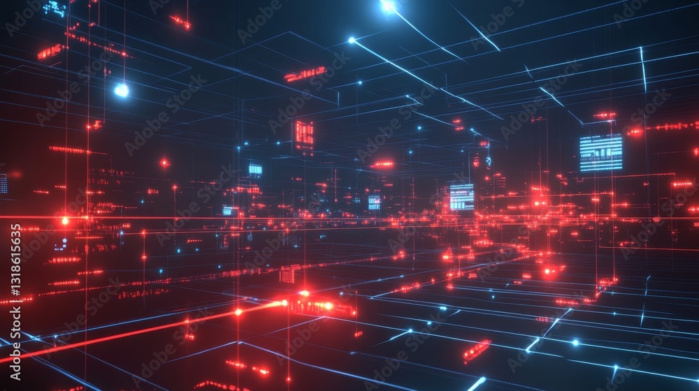 Aufkleber A digital concept showing a web of connections between devices, with data flowing across lines on a glowing screen.
