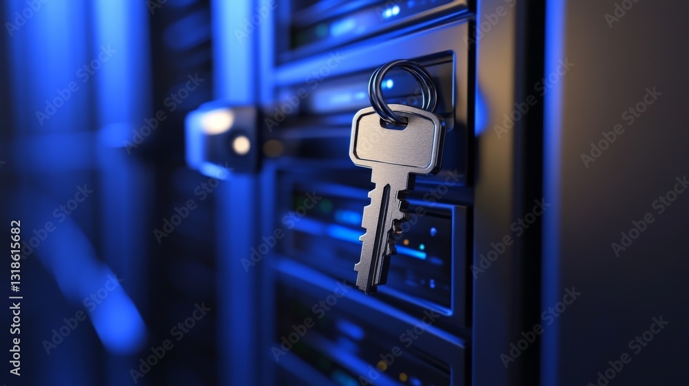 Fototapete A digital key unlocking a high-tech server room, symbolizing secure data access.