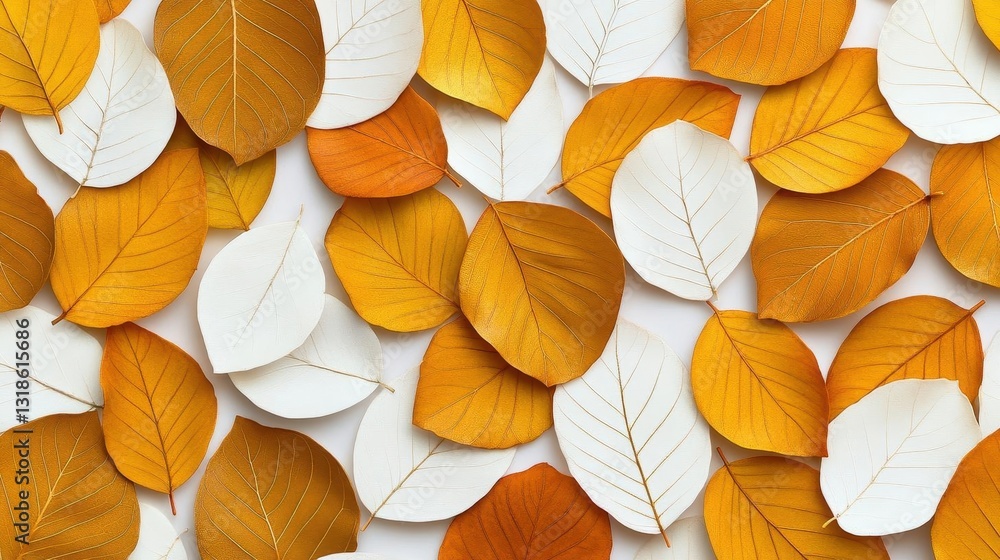 Poster A pattern of leaves with a gold and white color scheme