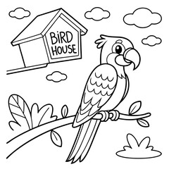 Forest Outline Vector with Tall Trees, Winding Path, and Birds, kids coloring book, Simple Forest Coloring Page, Black and White Forest Sketch, Tall Trees with Birds Outline