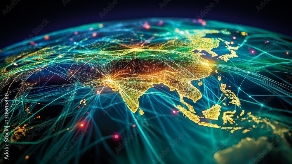 Poster A dynamic image showing an information network with global data centers linked by digital pathways.