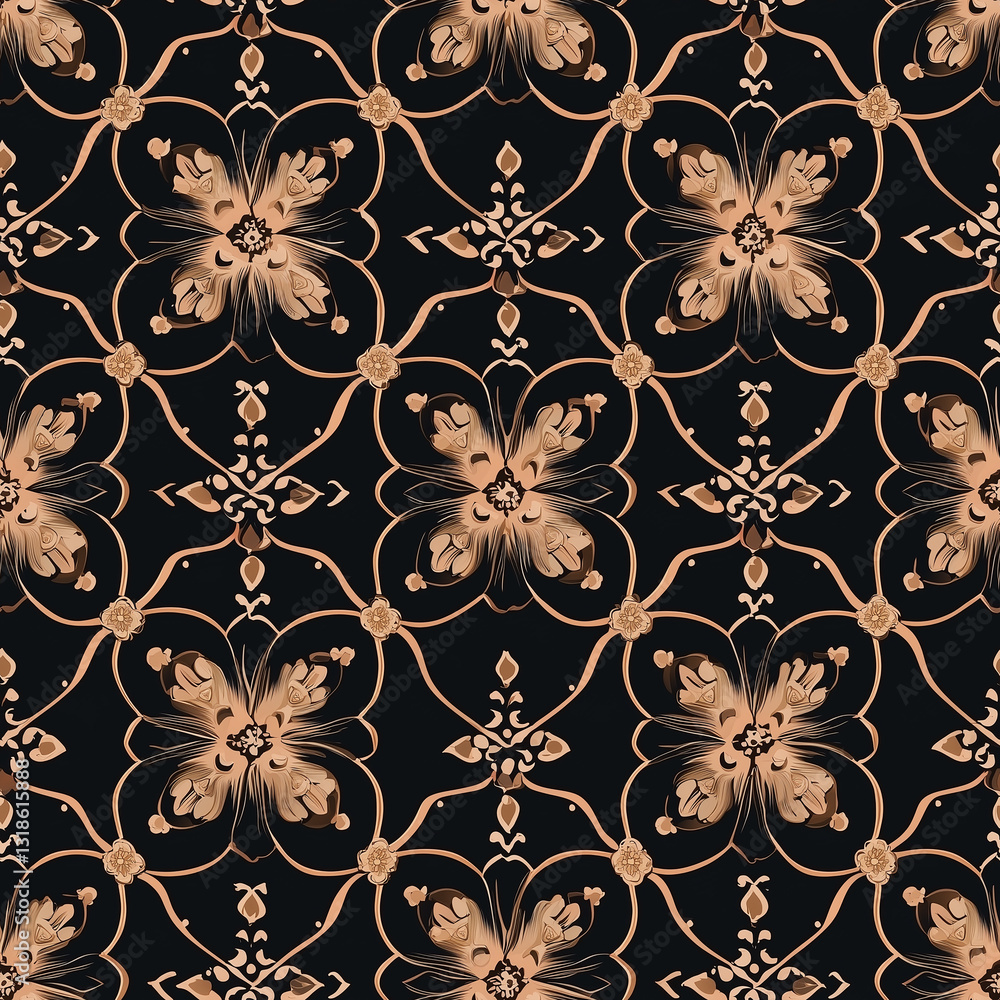 Poster seamless pattern of floral pattern with intricate designs in beige on a black background.