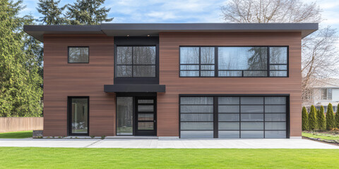 Modern two-story house with large windows and a contemporary design in a suburban neighborhood