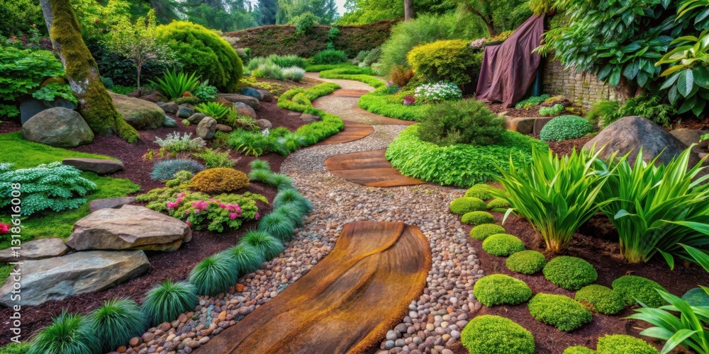 Poster a winding stone path meanders through a lush garden, lined with vibrant greenery, delicate flowers, 