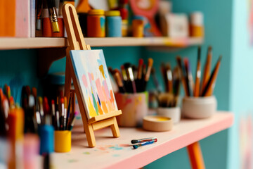 Colorful art studio with brushes, easel, and paints displaying creative painting process in cozy environment