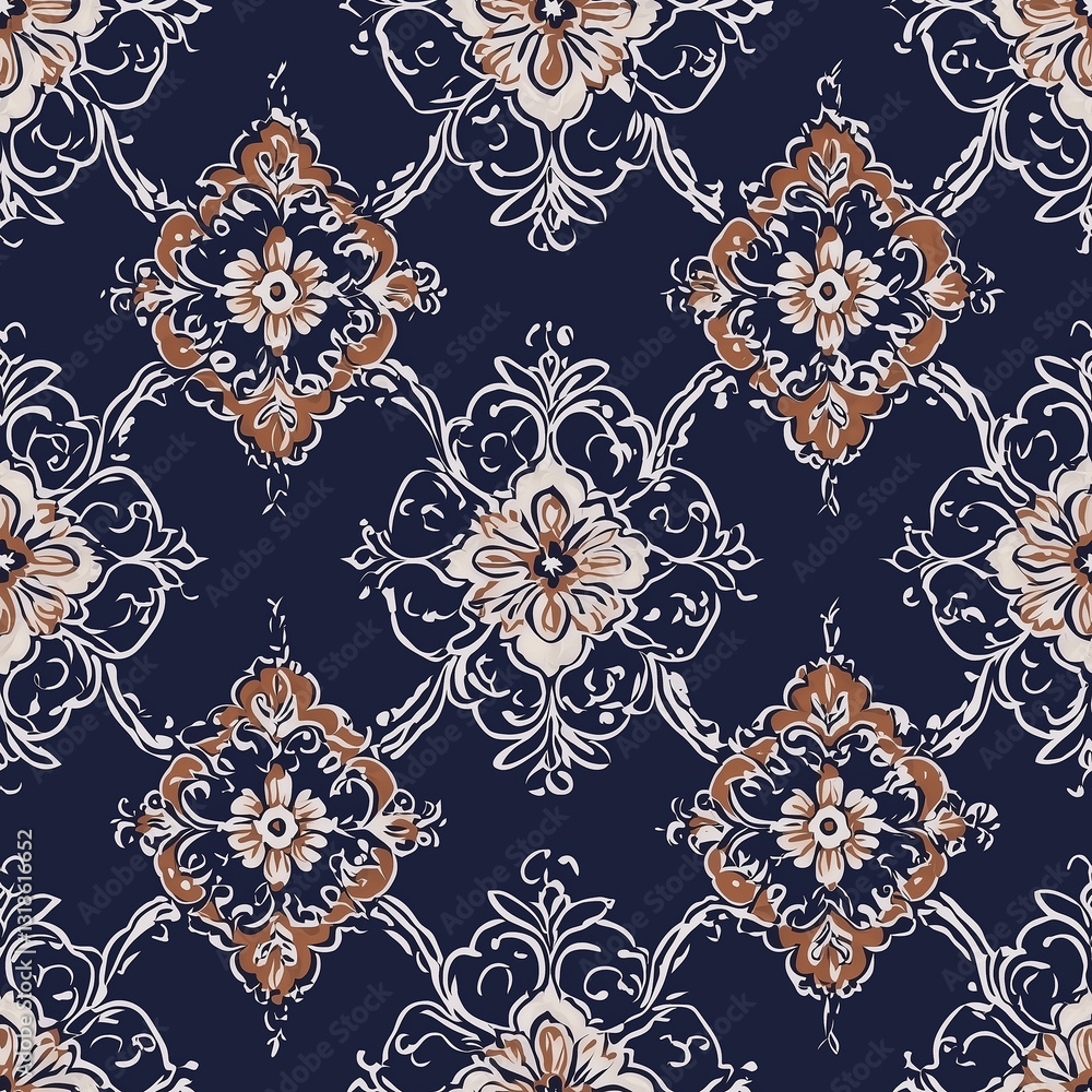 Poster seamless pattern of elegant floral pattern with intricate designs on a dark background.