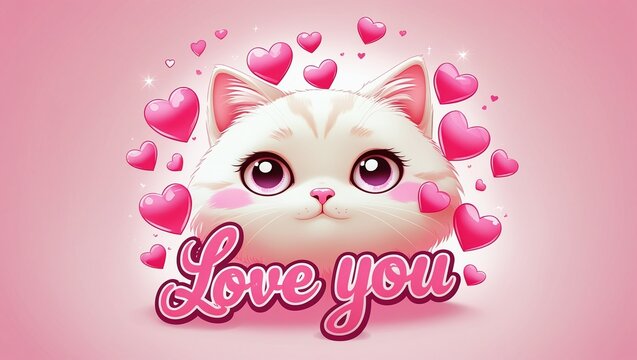Cute Valentine card in kawaii style. Lovely cat with pink hearts. Inscription Love you. Can be used for t-shirt print, stickers, greeting card design. Vector illustration EPS8