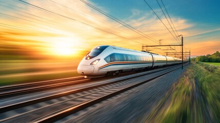 Naklejka premium A high-speed train moving through a scenic countryside at sunset, symbolizing modern transportation.