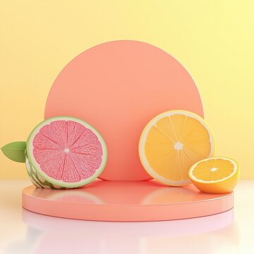 Bright round podium showcasing sliced citrus fruits with pastel background