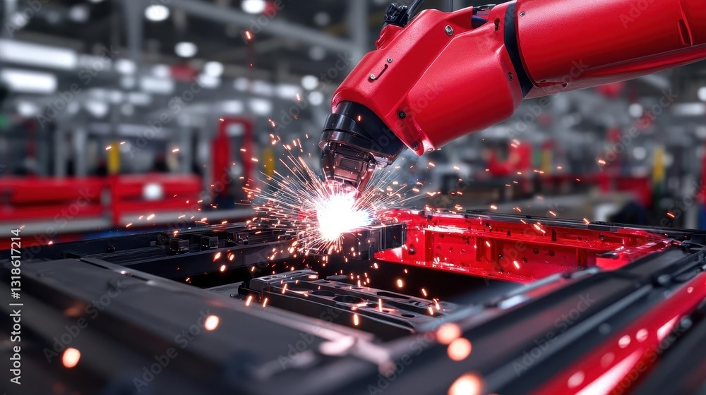 Aufkleber a robotic welding arm assembling vehicle components in an automotive production line