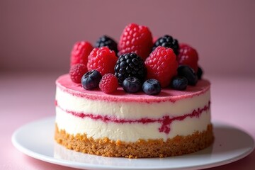 Awesome Raspberry-Filled Cake Topped by Berries & Fluffy Cream Title: Indulgent Raspberry Cake Featuring Berry Medley and...