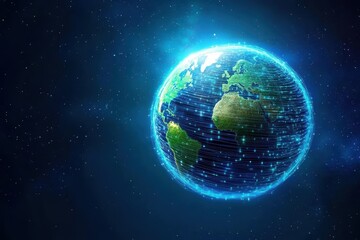 Fototapeta premium A rotating globe in optical fiber clouds transmitting signals throughout the universe in space