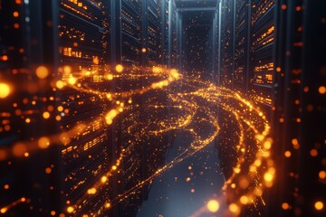Innovative data center with glowing orange particles and cutting-edge server technology