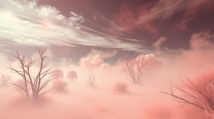 Obraz premium Crimson Mist: An otherworldly landscape shrouded in a vibrant, ethereal crimson mist. The scene is characterized by barren trees and an ominous, yet beautiful, sky.