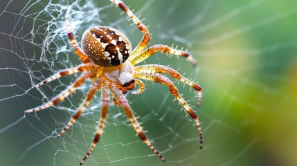 Obraz premium A macro shot of a spider spinning a web, with its legs expertly maneuvering the silk threads.