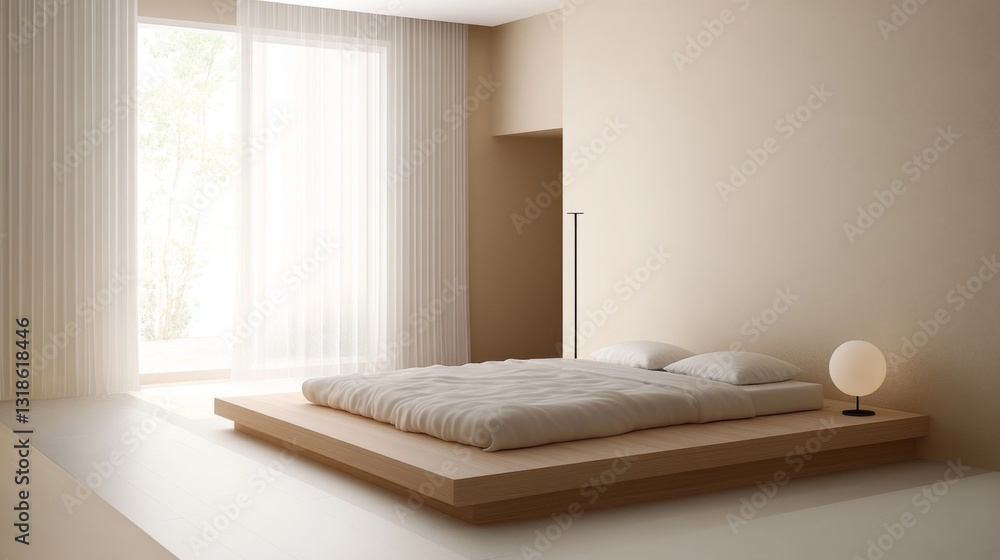 Poster a minimalist bedroom with a neutral color palette, featuring a minimalist platform bed and a floor l
