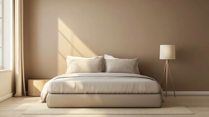 A minimalist bedroom with a neutral color palette, featuring a minimalist platform bed and a floor lamp.