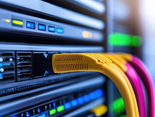 a server room with cables neatly organized and connected to servers, routers, and other networking equipment, emphasizing the importance of structured cabling in data centers