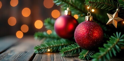 Fototapeta premium Glittery red Christmas tree baubles with glitter and star, decorations, holiday