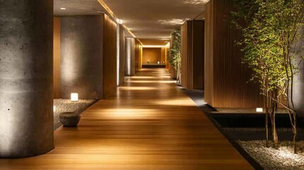 Fototapeta premium A modern home hallway with wooden flooring, soft lighting, and minimalist dcor.