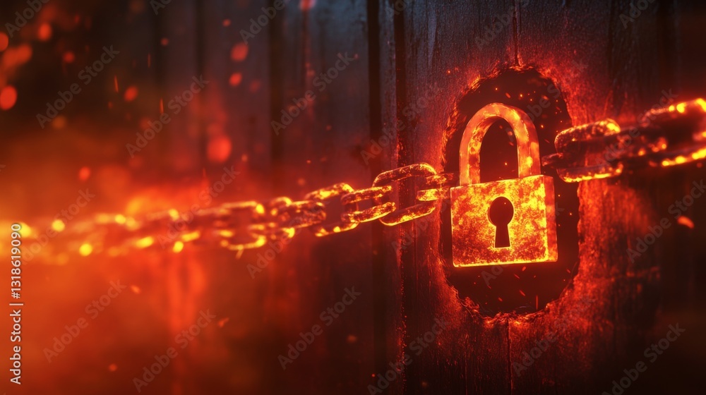 Poster a network firewall blocking an unauthorized access attempt, with a locked padlock icon in the foregr