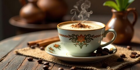 Aromatic Steaming Cup of Coffee with Cinnamon and Coffee Beans on Rustic Wooden Table