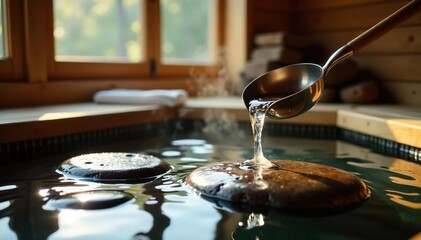 Obraz premium Ladle pouring steaming water over heated stones in a sauna cabin, earthy, water