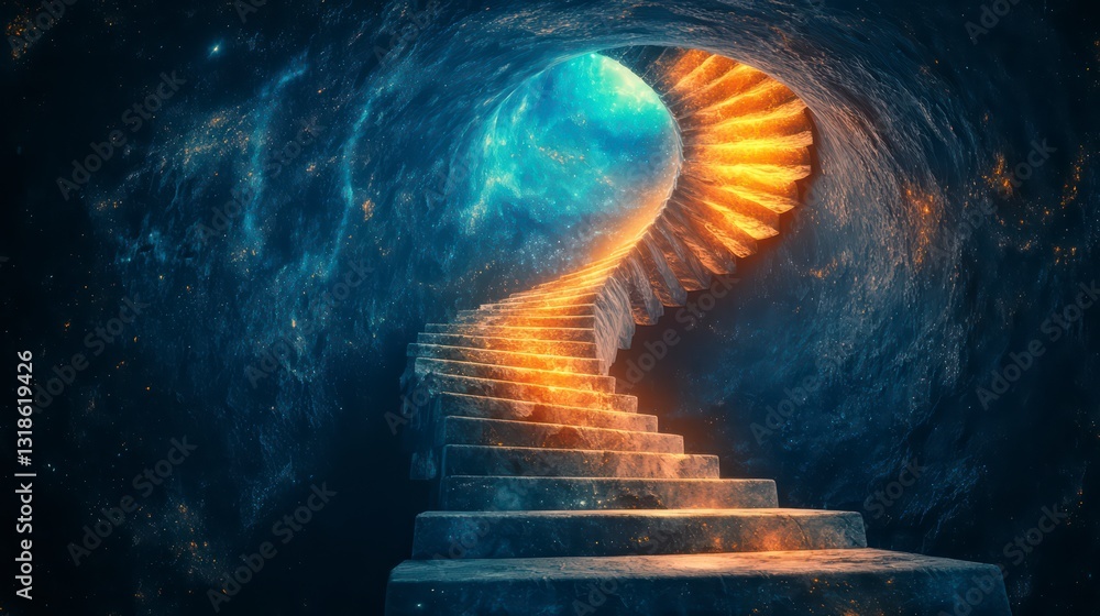 Poster journey to enlightenment: a mesmerizing spiral staircase ascending towards a radiant light, hinting 
