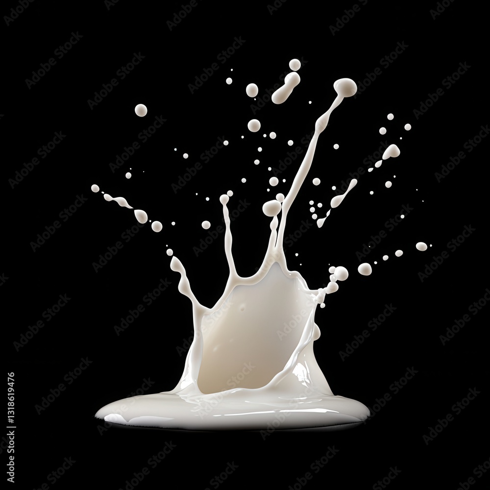 Poster creative photography capturing milk splashing dramatically against a dark background with dynamic mo