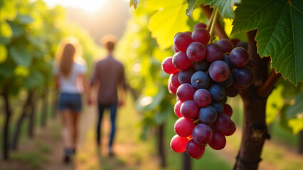 Couple Walking in Vineyard at Sunset