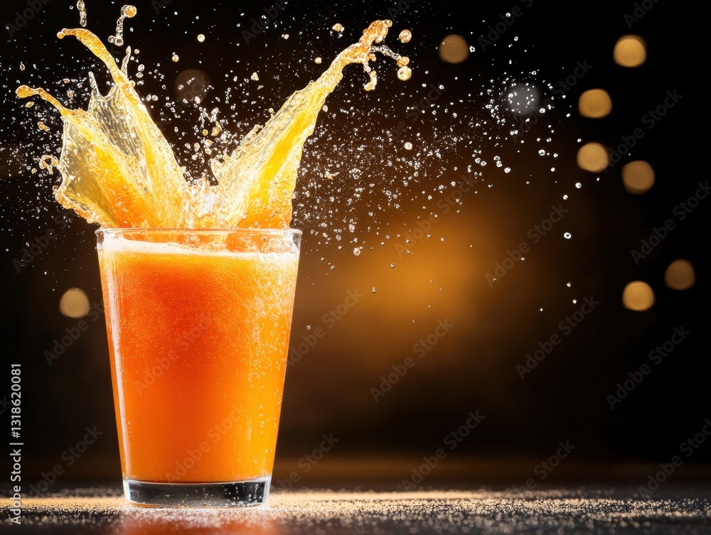 Poster exotic juice blend with a splash effect creating dynamic motion in a glass of freshly squeezed orang