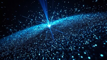 Shining cosmic glow with laser beams and glowing particles filling space. Great visual for technology, science fiction, and virtual space ideas.