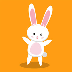 Happy Easter bunny standing with open arms on an orange background. Cute and cheerful character, perfect for Easter themed illustrations, greeting cards, kids designs, and festive decorations.