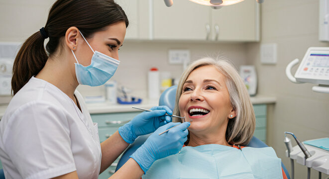 Smiling Senior Woman Receiving Dental Checkup from Dentist
