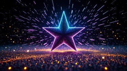 Abstract background with shining star and blue glowing particles, creating energy field and cosmic design. Ideal for tech and futuristic concepts.