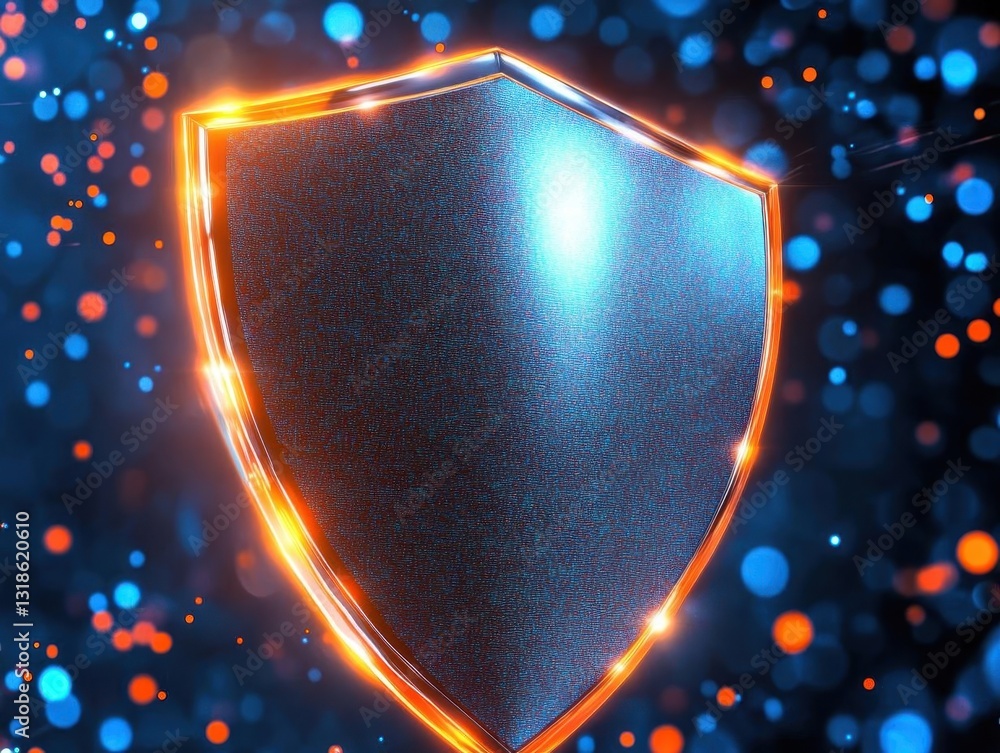 Poster a sleek, hightech shield with glowing edges hovers against a dark, abstract background with blue and