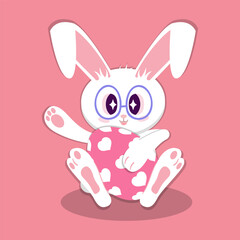 Adorable Easter bunnies with big sparkling eyes and glasses, holding a red egg with hearts pattern. A cute and playful illustration perfect for Easter decor, greeting cards, and digital designs.