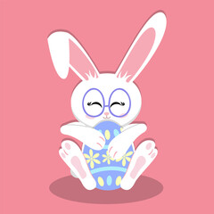 Obraz premium Adorable Easter bunnies with big sparkling eyes and glasses, holding a blue egg with floral pattern. A cute and playful illustration perfect for Easter decor, greeting cards, and digital designs.