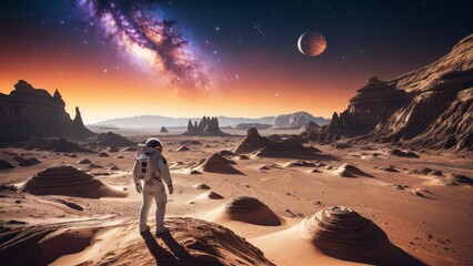 Alien planet with astronaut standing in red desert, gazing at galaxy and distant planets. Perfect for outer space, space discovery, and intergalactic visuals.