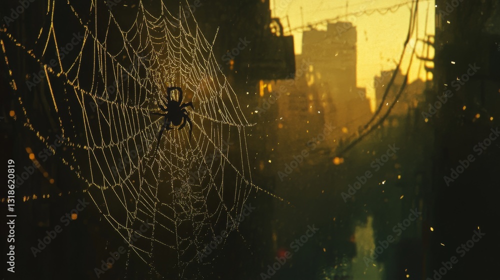 Poster a spider building its web at dawn, the web glistening in the soft light of the early morning.