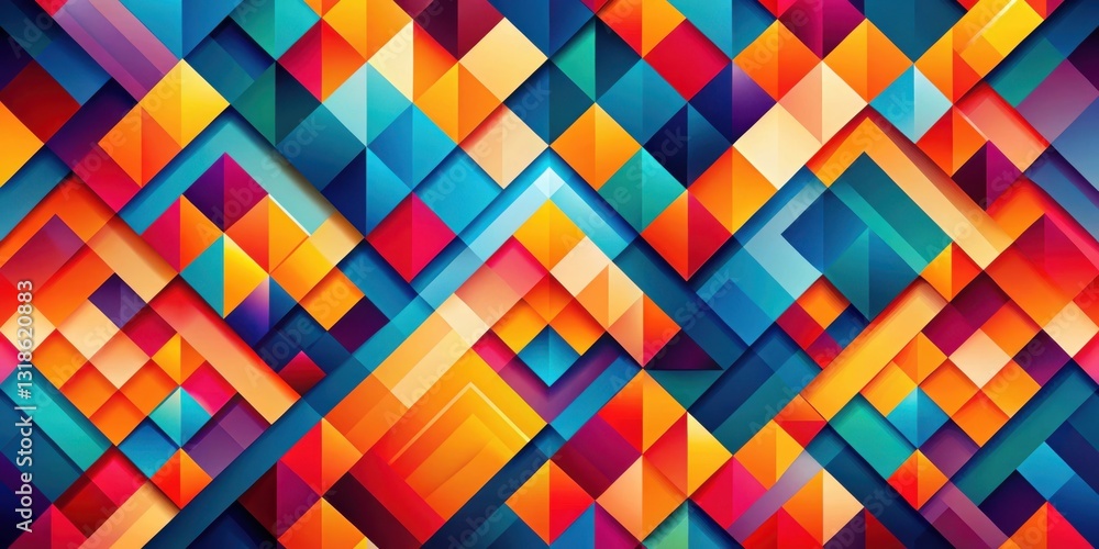 Fototapete A vibrant geometric pattern of overlapping squares and triangles, showcasing an array of bold colors that create a dynamic and visually stimulating design.