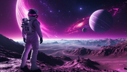 Futuristic astronaut exploring planetary surface under cosmic sky with purple galaxy and distant stars. Ideal for space adventure, exploration, and intergalactic themes.