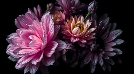 Floral Symphony: A vibrant display of Chrysanthemum blossoms in a range of pastel hues, artfully arranged against a backdrop of darkness. 