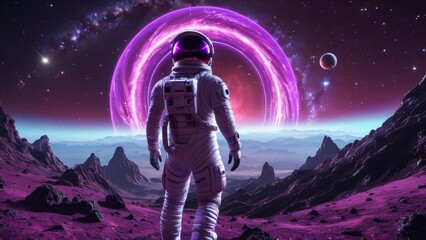 Astronaut walking on alien planet, gazing at stars and galaxy above. Great for space mission, cosmic horizon, and futuristic space travel visuals.