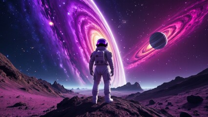 Purple galaxy with astronaut standing on rocky surface of alien planet, looking at the stars. Ideal for space vision, interplanetary journey, and cosmic visuals.