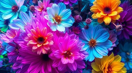 A Kaleidoscope of Colors: An array of vibrant flowers burst with kaleidoscopic hues, offering a dazzling display of petals and blossoms that evoke a sense of cheerfulness and natural beauty.