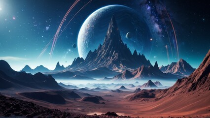 Astronaut exploring alien planet with mountainous terrain, cosmic galaxy in the background. Perfect for space exploration, sci-fi, and futuristic themes.